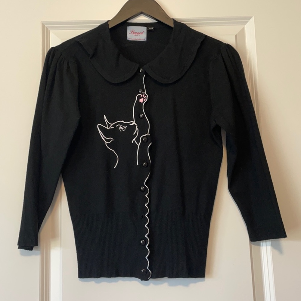 Black Cat Embroidered Peter Pan Collar Cardigan